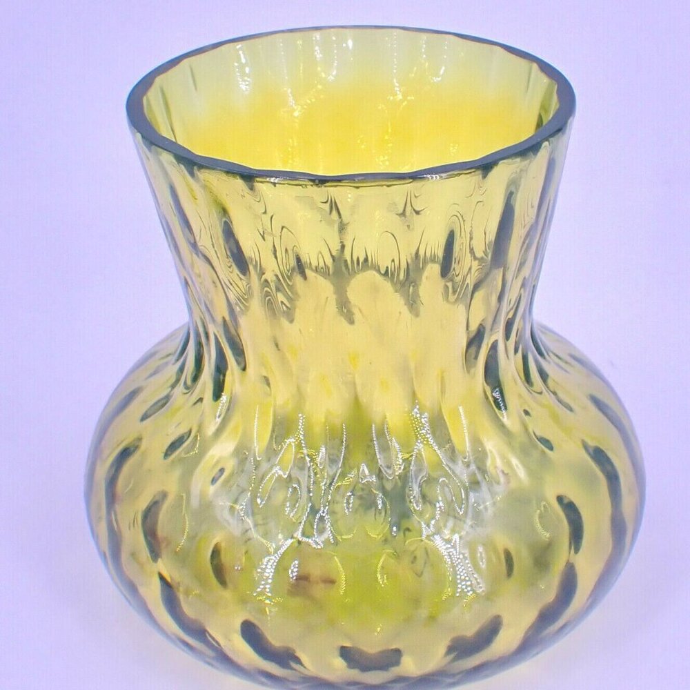 Olive Green Vaseline Depression Glass Vase with Swirl Design